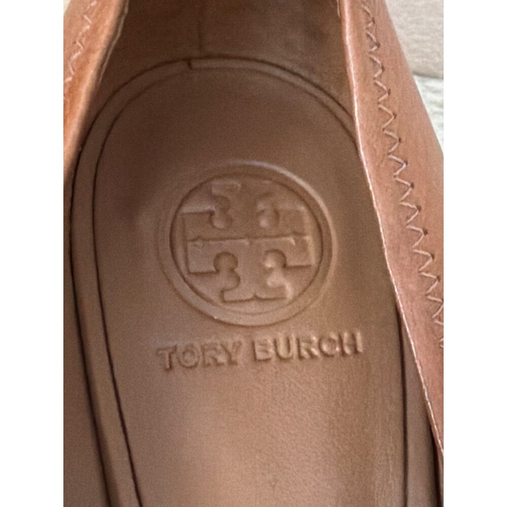 Tory Burch Women's Sally 2 Cognac Leather Peep Toe Wedge Heels Sz 11 Used No Box - Picture 5 of 11